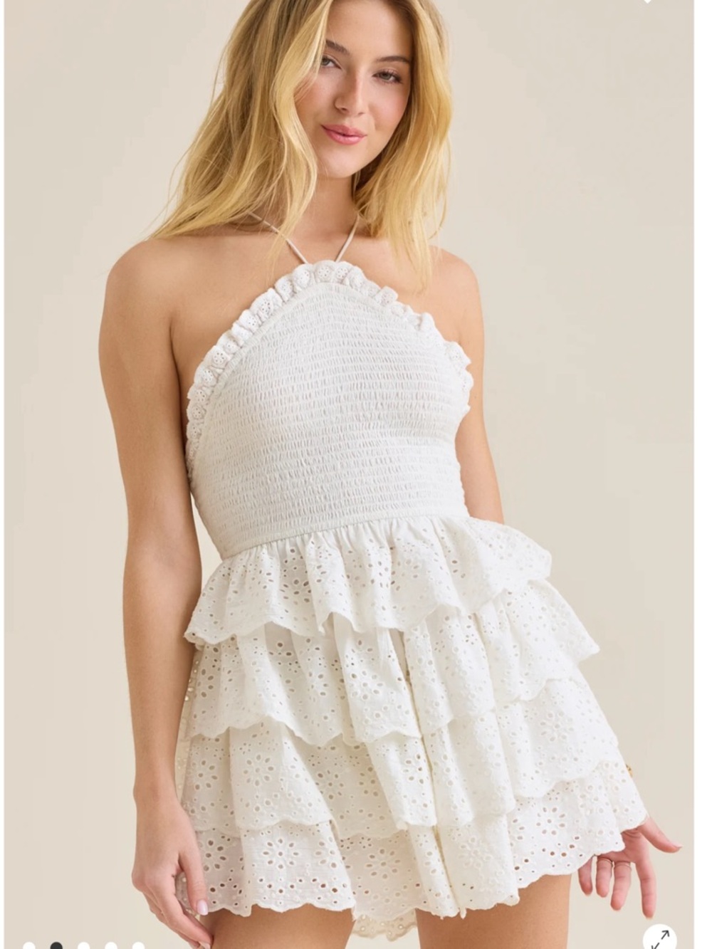 NWT- Altar'd State White Eyelet Halter Smocked Tiered Ruffled Flare Mini Dress